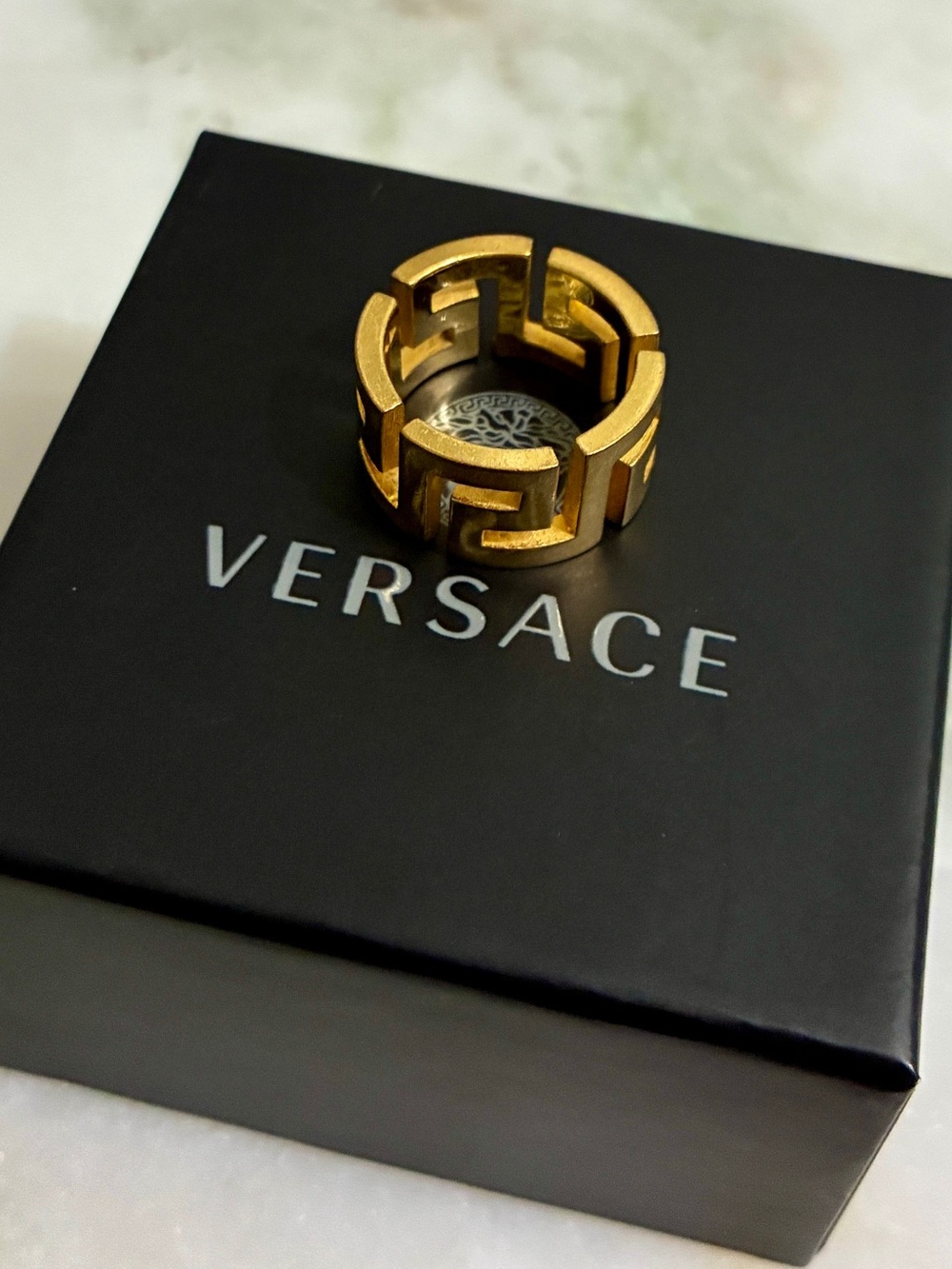Versace Greca Ring Cut-Out Wide Band Gold Size 4.5